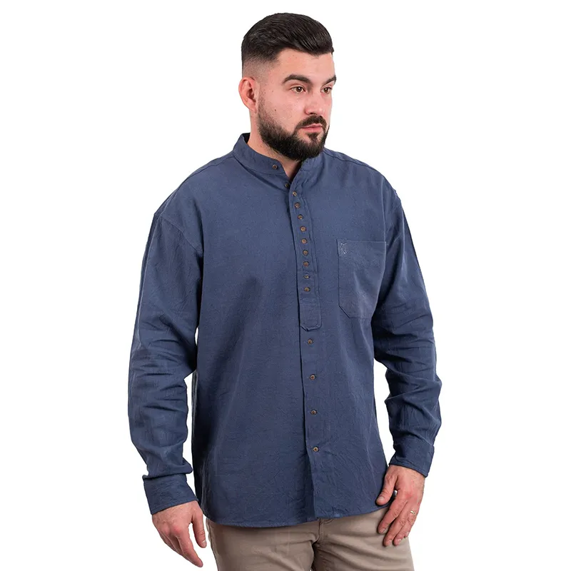 A60170 Irish Cotton Grandfather Shirt in Ink Blue Studio Gaelsong