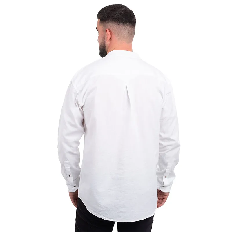A60178 Irish Linen Collarless Granddad Shirt in White Studio Back Side Gaelsong