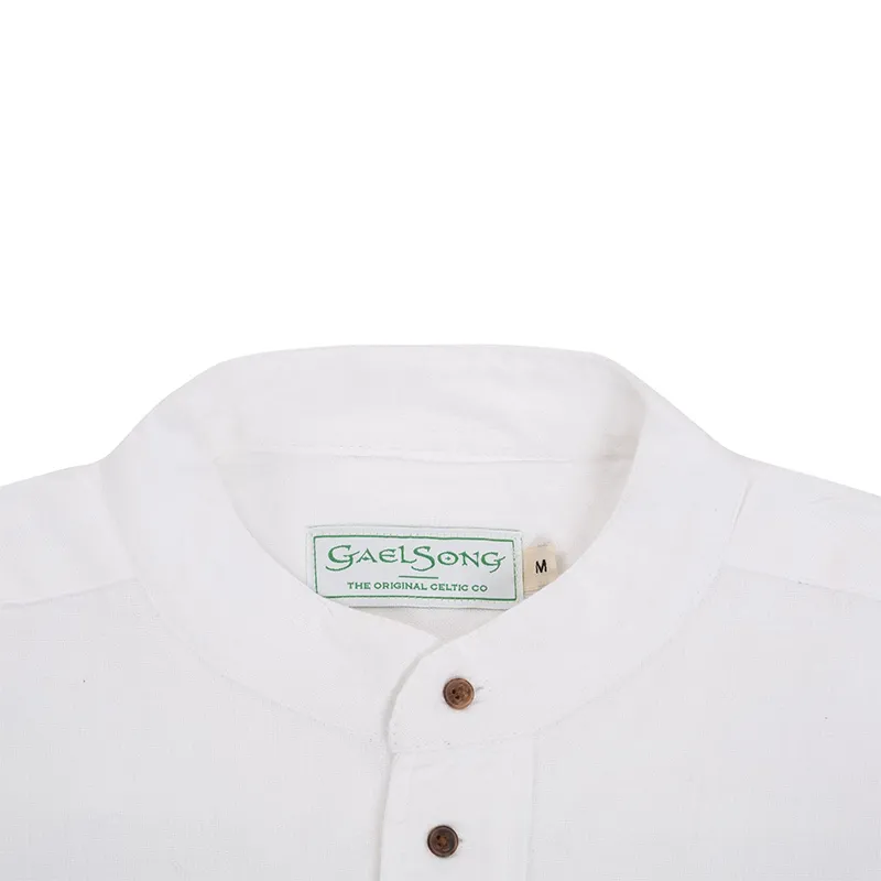 A60178 Irish Linen Collarless Granddad Shirt in White Studio Closeup Collar View  Gaelsong