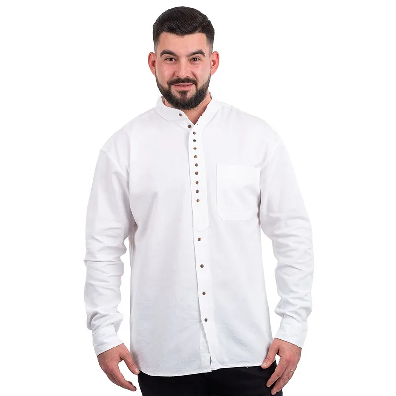 A60178 Irish Linen Collarless Granddad Shirt in White Studio Gaelsong