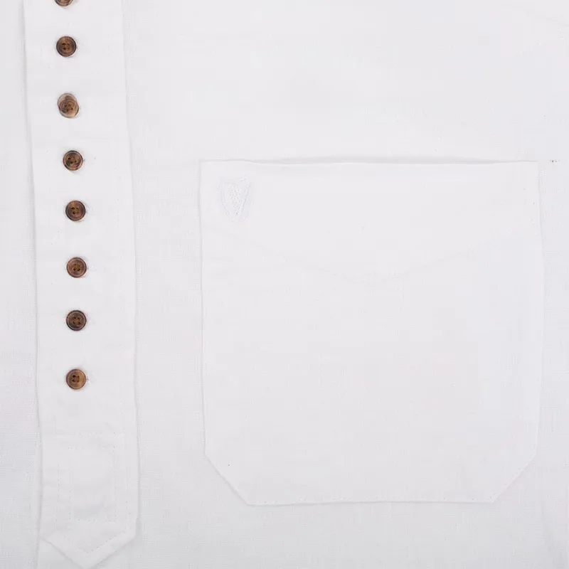 A60178 Irish Linen Collarless Granddad Shirt in White Studio Closeup Pocket View Gaelsong