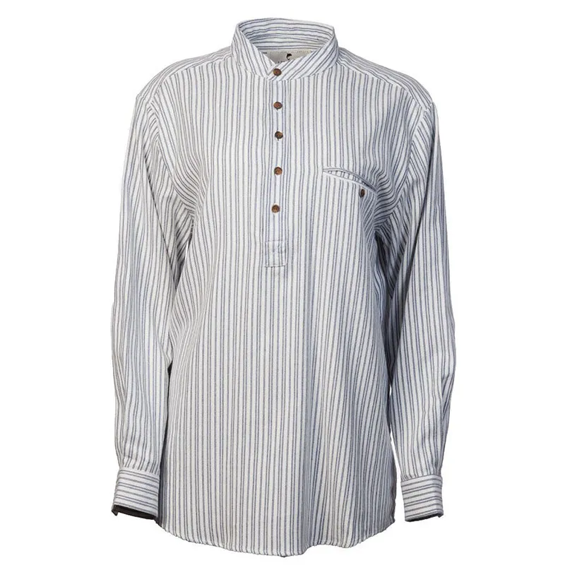 Aran Woollen Mills Irish Grandad Shirt - 25% Linen 75% Cotton Collarless Stripe Shirt (Navy & White)