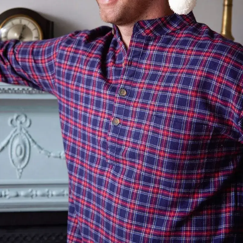 A60200 Men's Irish Grandfather Nightshirt - Navy Overcheck Closeup View Tweed Gaelsong