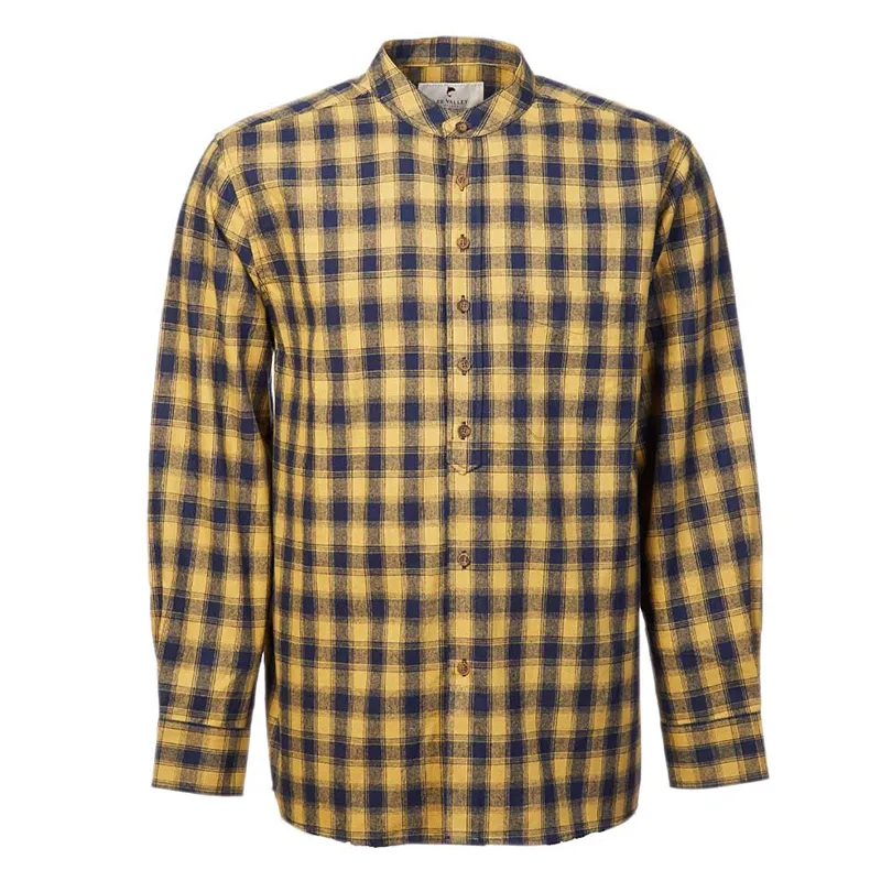 A60207 Mens Collarless Grandfather Shirt Color Yellow Check Front View Gaelsong
