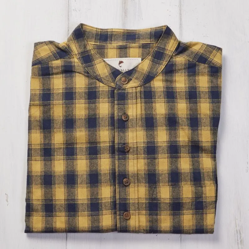 A60207 Mens Collarless Grandfather Shirt Color Yellow Check Front View Folded Gaelsong