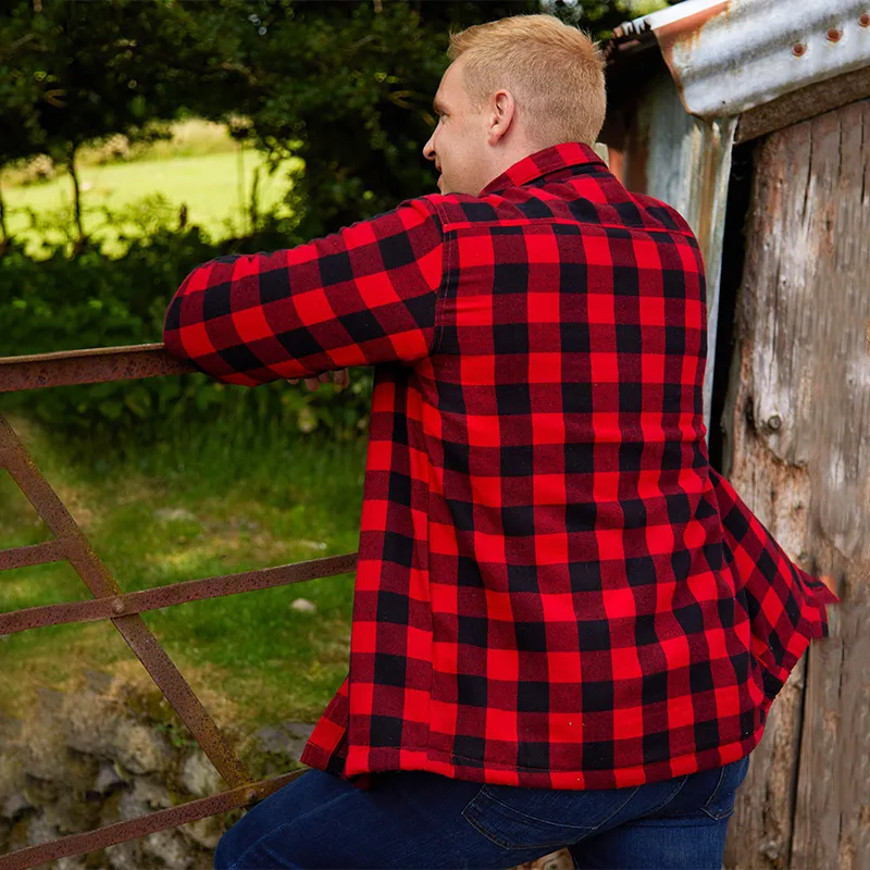 A60210 Mens Fleece Lined Flannel Shirt Color Red Black Check Back Side View Gaelsong