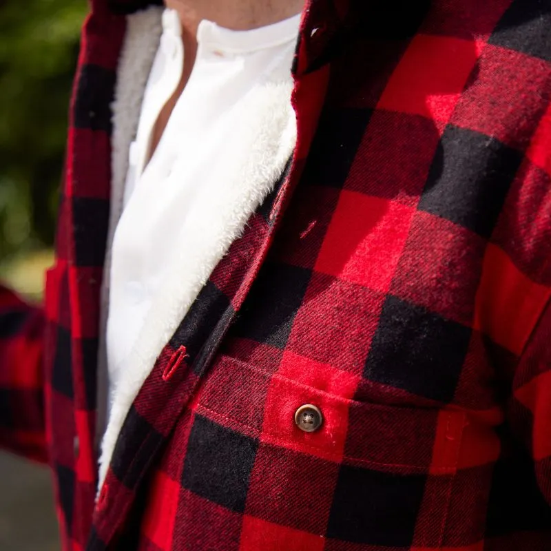 A60210 Mens Fleece Lined Flannel Shirt Color Red Black Check Closeup Front Pocket View Gaelsong