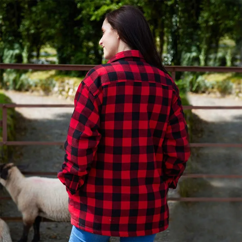 A60211 Womens Fleece Lined Flannel Shirt Color Red Black Check Lifestyle Back Side View Gaelsong