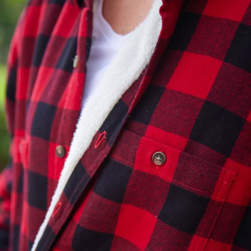 A60211 Womens Fleece Lined Flannel Shirt Color Red Black Check Closeup Chest View Gaelsong