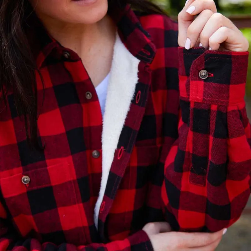 A60211 Womens Fleece Lined Flannel Shirt Color Red Black Check Shop online on Gaelsong