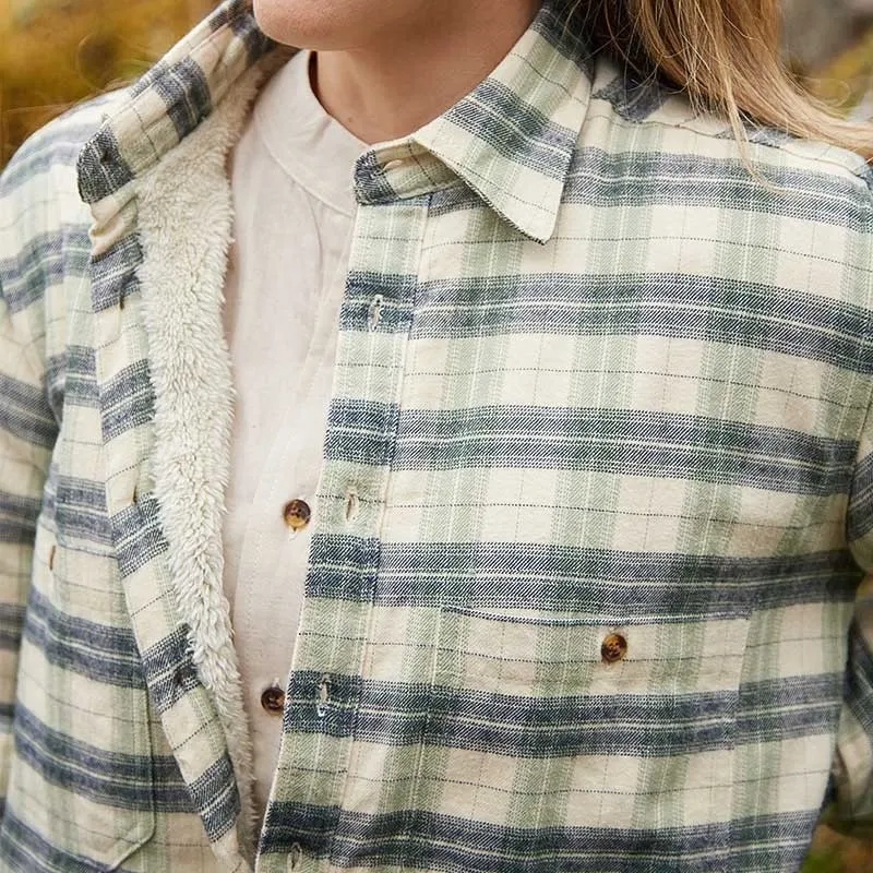 A60212 Womens Fleece Lined Flannel Shirt Green Navy Check Front Pocket Gaelsong