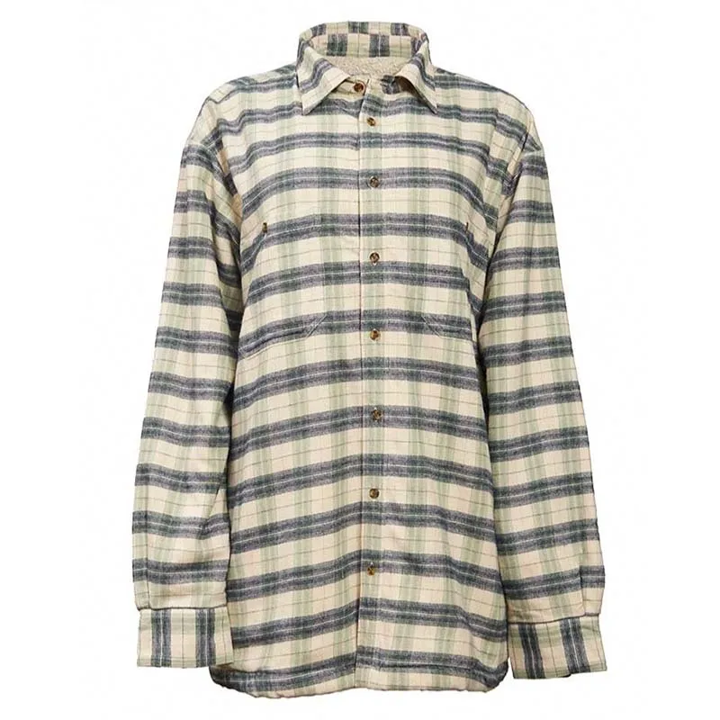 A60212 Womens Fleece Lined Flannel Shirt Green Navy Check Studio Front View Gaelsong