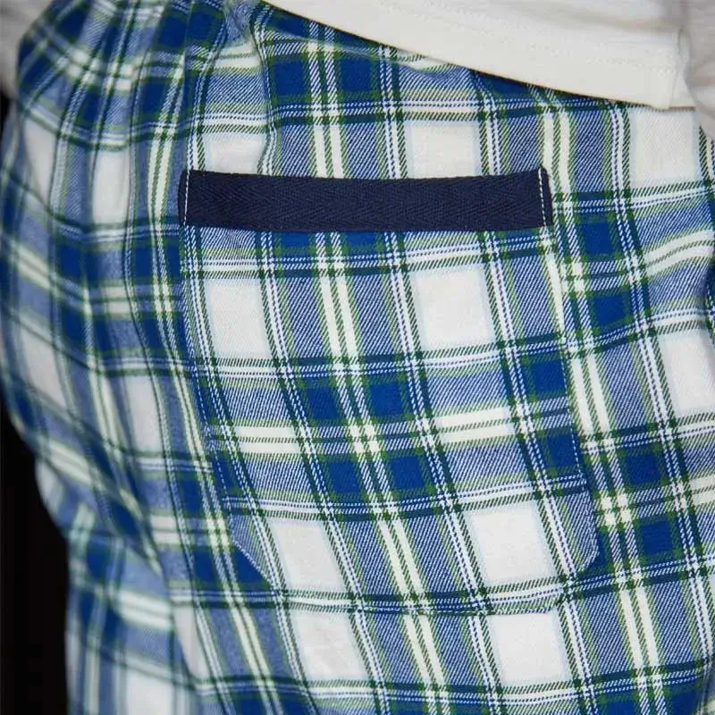 A90026 Blue Tartan Men's Cotton Irish Lounge Pants Closeup Back Side Pocket View Gaelsong