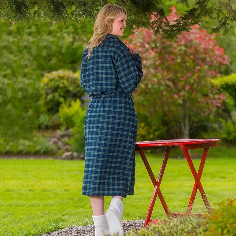 A90029 Women's Irish Cotton Flannel Nightrobe- Blackwatch Tartan Design Back Side View Gaelsong