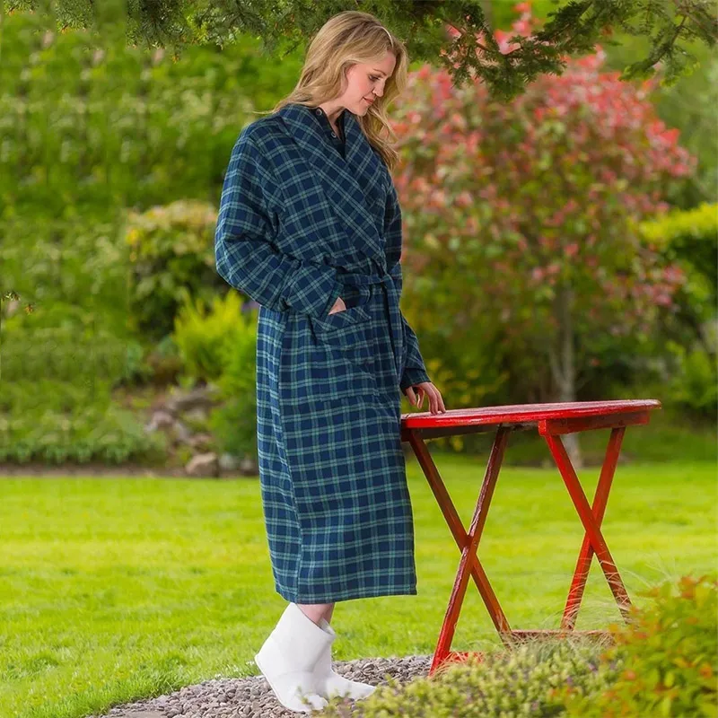 A90029 Women's Irish Cotton Flannel Nightrobe- Blackwatch Tartan Design Side View Gaelsong