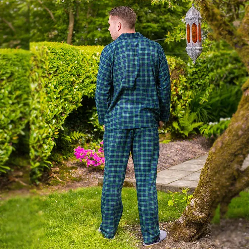 A90031 Men's Flannel Pyjamas - Green Blackwatch Tartan Back Side View Gaelsong