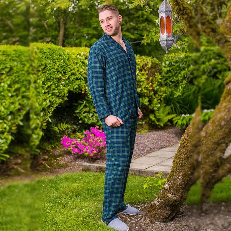 A90031 Men's Flannel Pyjamas - Green Blackwatch Tartan Side View Gaelsong