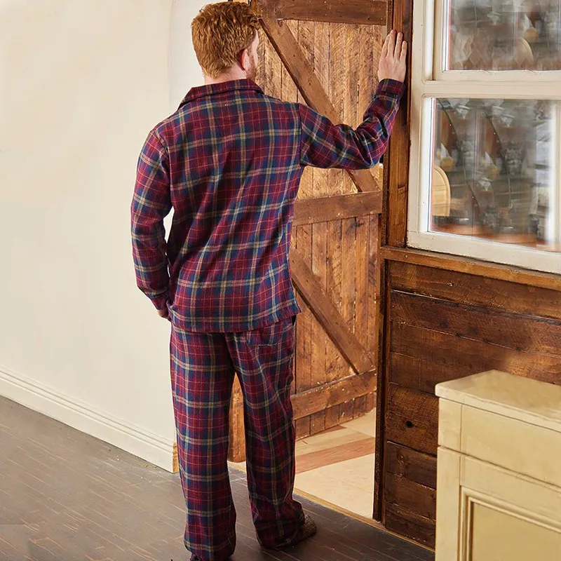 A90060 Flannel Men's Plaid Pajamas - Maroon/Navy Back Side Gaelsong