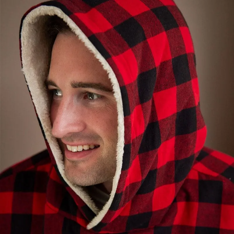 A90065 Men's Irish Flannel Oversized Lounge Hoodie - Black/Red Check Hood View Gaelsong
