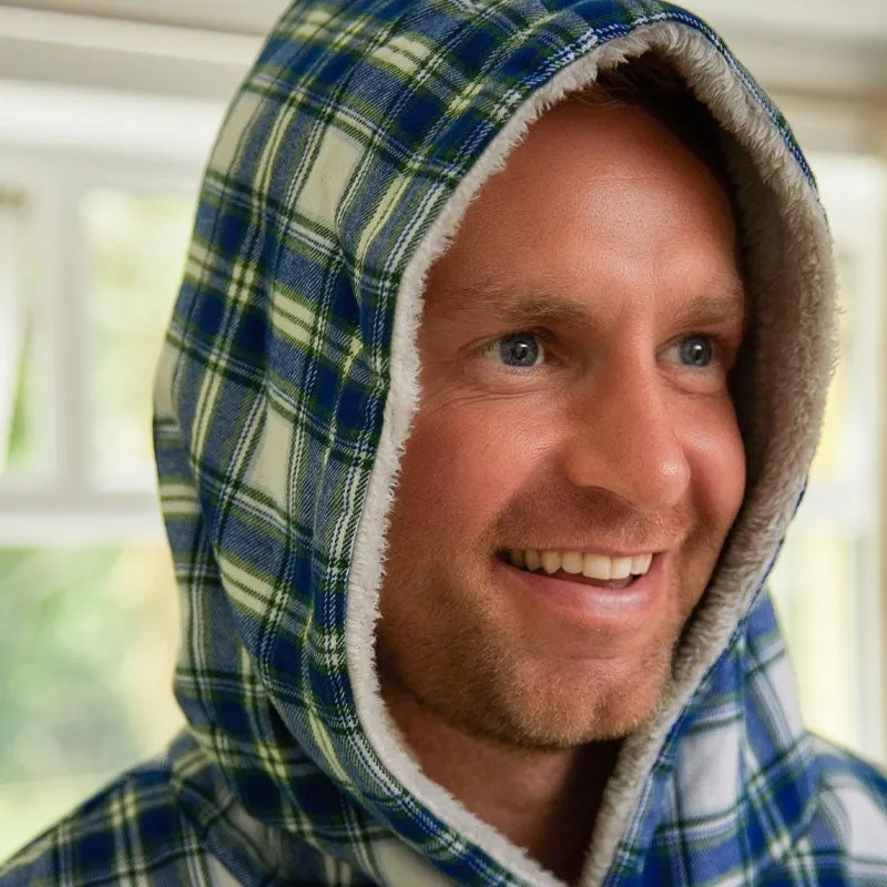 A90066 Men's Irish Flannel Oversized Lounge Hoodie - Blue Check Hood View Gaelsong