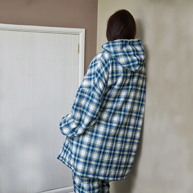 A90068 Women's Irish Fluffy Lounge Hoodie - Blue Check Back Side Gaelsong