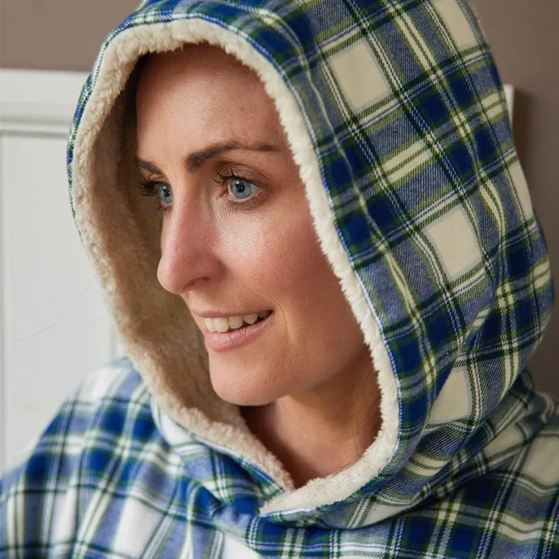 A90068 Women's Irish Fluffy Lounge Hoodie - Blue Check Hood Vew Gaelsong