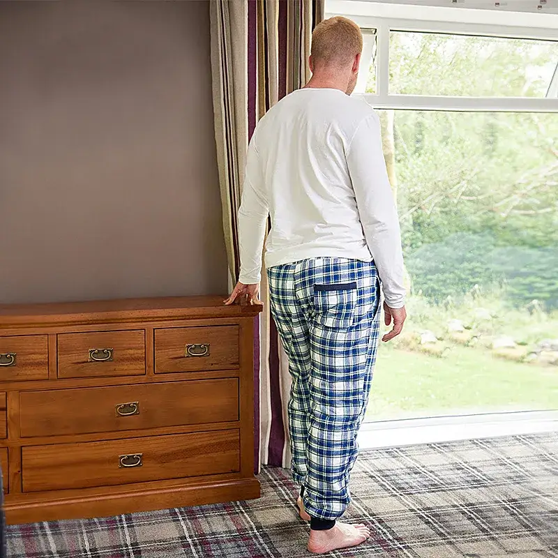 A90072 Fleece Men's Tartan Pajama Pants - Blue Check Back Side Gaelsong