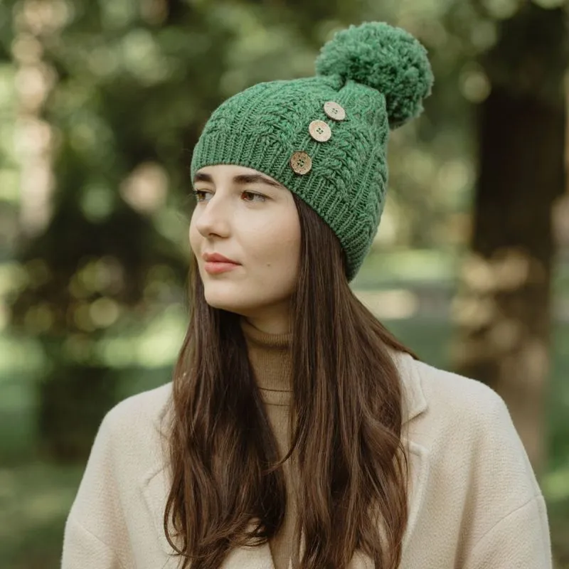 B10164 GREEN Colour Luxurious Merino Button Pom-Pom Irish Hat Side View Gaelsong