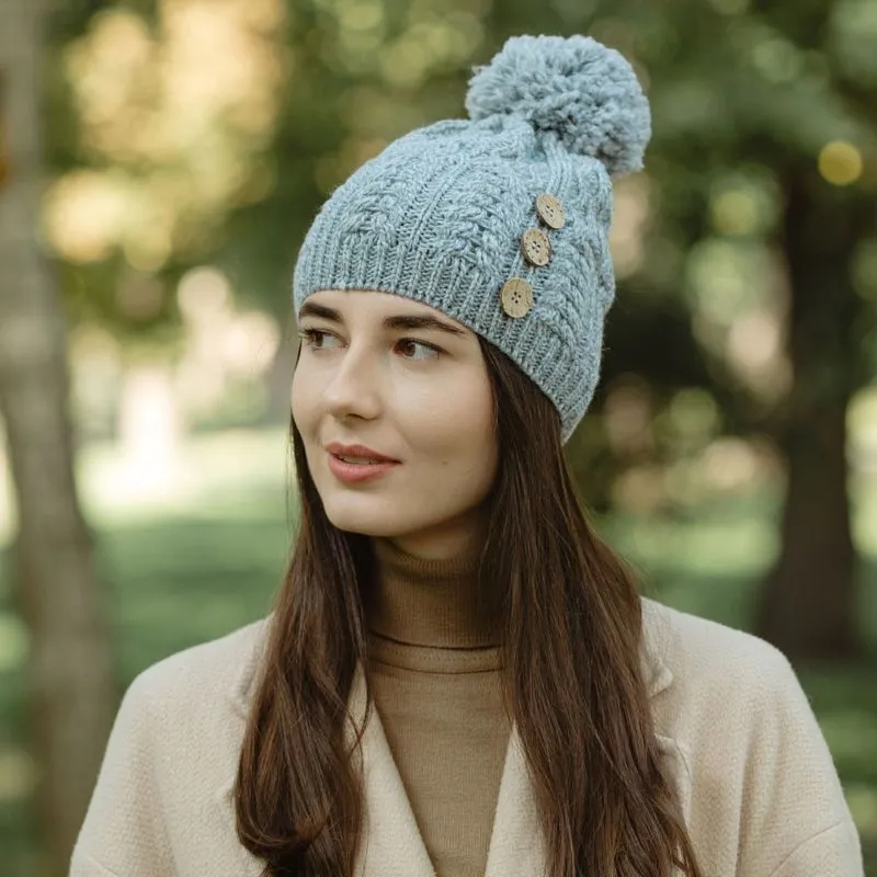 B10164 GREY Colour Luxurious Merino Button Pom-Pom Irish Hat Side View Gaelsong