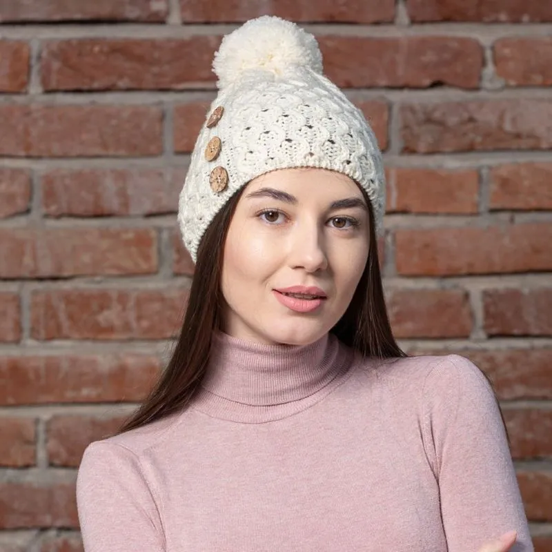 B10164 WHITE Colour Luxurious Merino Button Pom-Pom Irish Hat Gaelsong