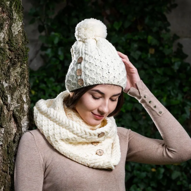 B10164 WHITE Colour Luxurious Merino Button Pom-Pom Irish Hat Lifestyle Gaelsong