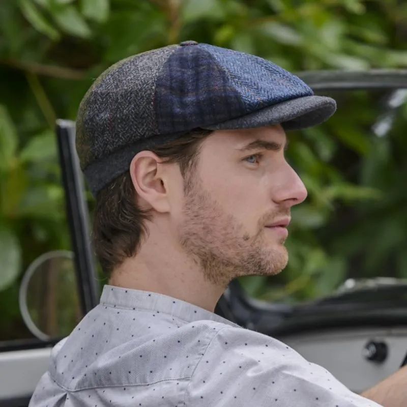 B10219 Blue Patch Tweed Irish Driving Cap Lifestyle Side View Gaelsong