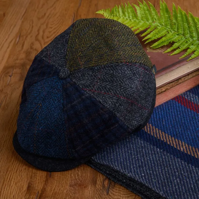 B10219 Blue Patch Tweed Irish Driving Cap Studio View Gaelsong
