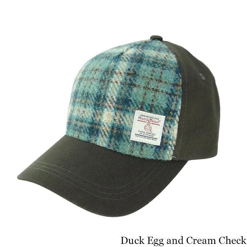 B10254 DUCK EGG AND CREAM CHECK Colour Handwoven Harris Tweed Baseball Cap  Gaelsong
