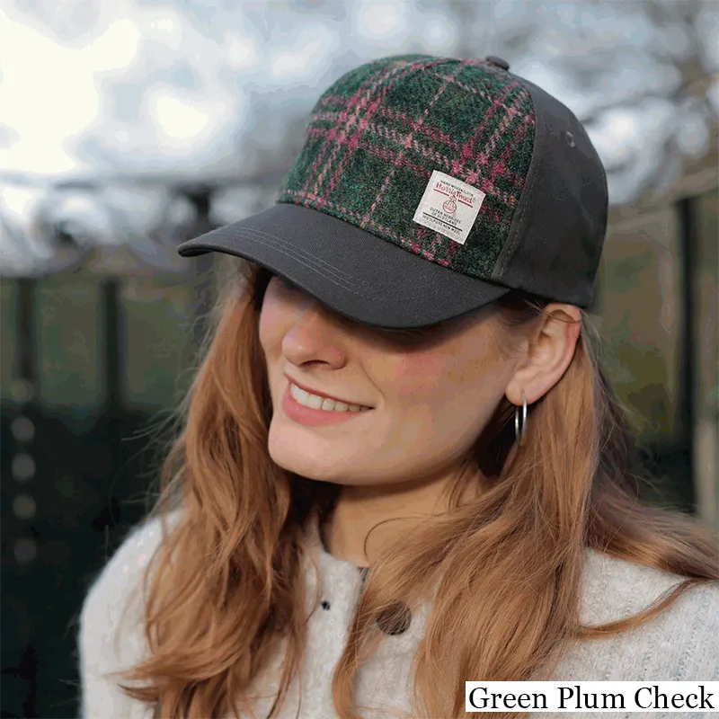 B10254 GREEN PLUM CHECK Colour Handwoven Harris Tweed Baseball Cap  Gaelsong