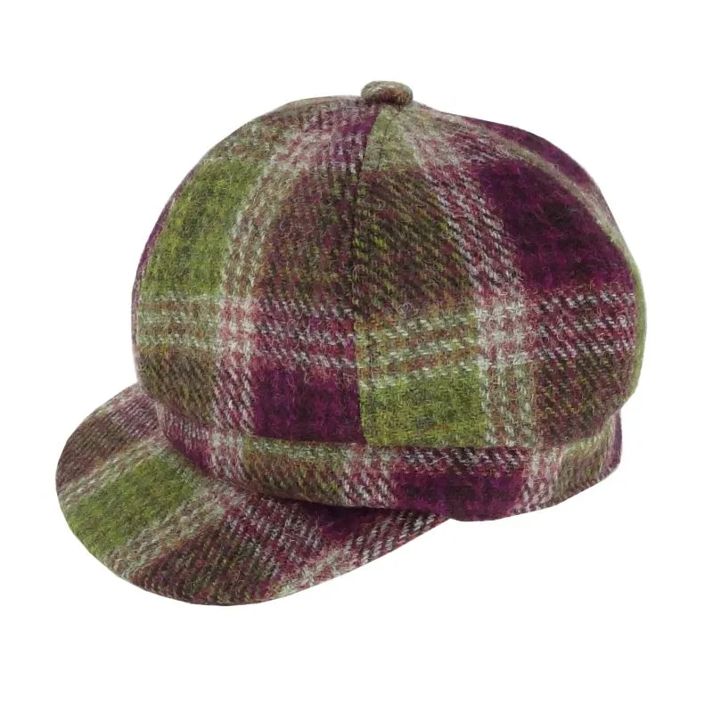 B10258 Ladies Handmade Harris Tweed Newsboy Cap - Plum & Green Tartan Gelsong
