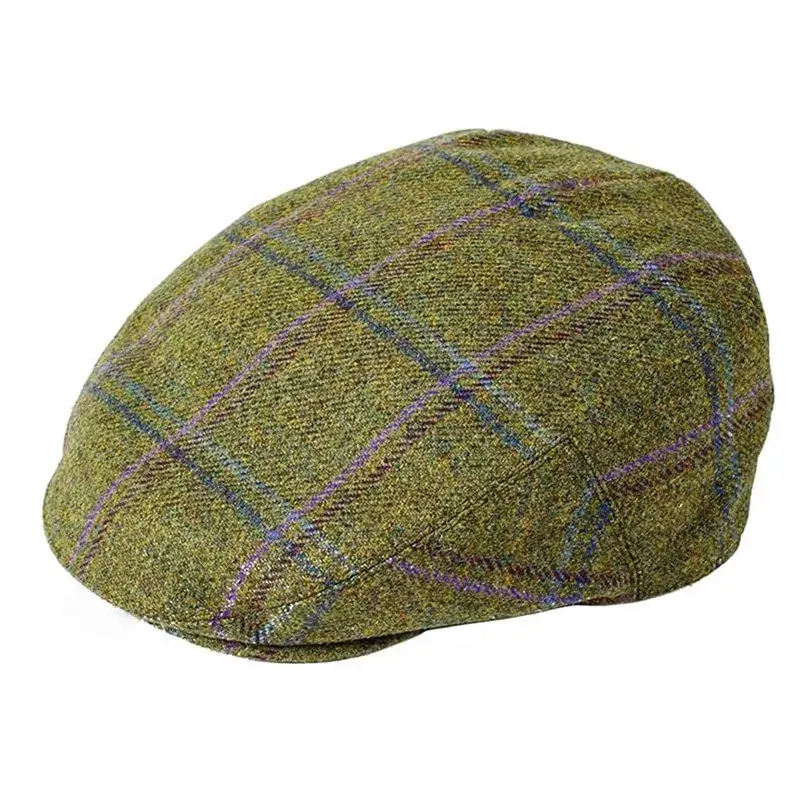 Men's Waterproof Tweed Flat Cap in Green & Blue Overcheck
