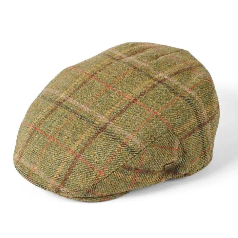 Men's Waterproof Tweed Flat Cap in Green & Brown Overcheck