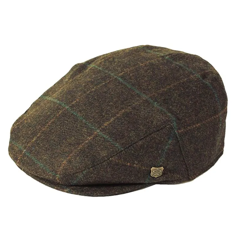 Men's Checkered Wool Country Flat Cap - Brown
