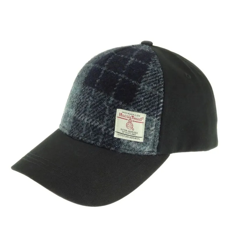 Handwoven Harris Tweed Baseball Cap - Grey & Black Tartan