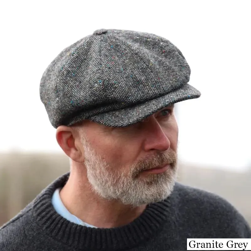 B10307 GRANITE GREY Harris Tweed Eight Panel Newsboy Connery Cap Lifestyle Front View Gaelsong