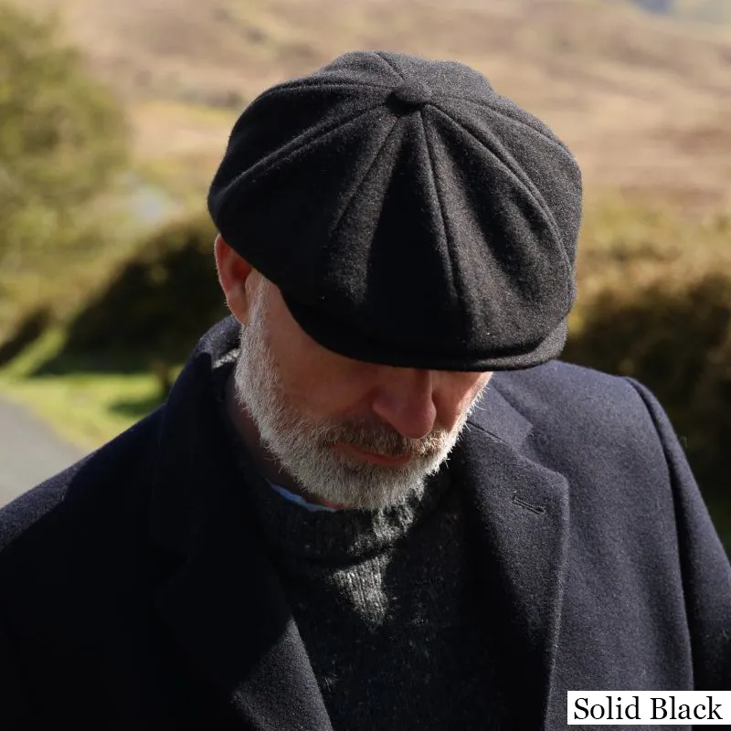 B10307 SOLID BLACK Colour Harris Tweed Eight Panel Newsboy Connery Cap Lifestyle  Front View Gaelsong