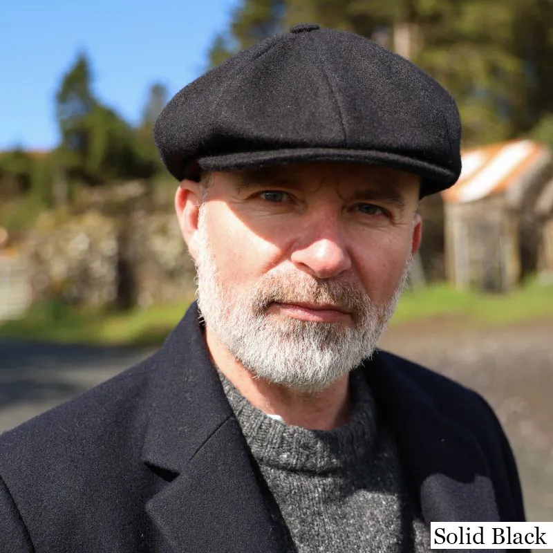 B10307 SOLID BLACK Colour Harris Tweed Eight Panel Newsboy Connery Cap Lifestyle Gaelsong