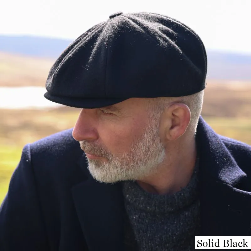 B10307 SOLID BLACK Colour Harris Tweed Eight Panel Newsboy Connery Cap Lifestyle Side View  Gaelsong
