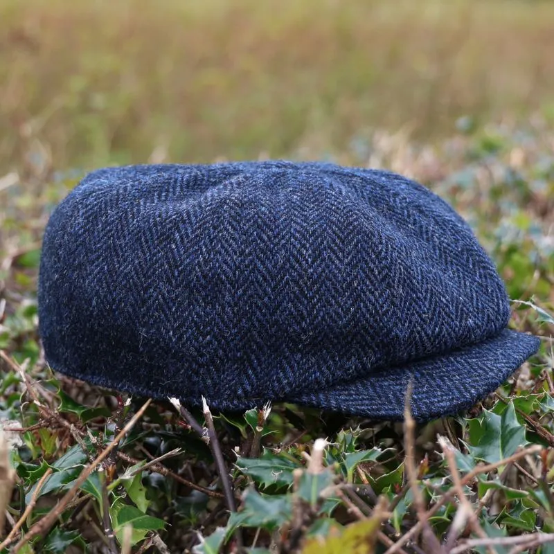 B10309 NAVY HERRINGBONE Colour Handwoven Genuine Harris Tweed Shelby Cap Lifestyle Side View Gaelsong