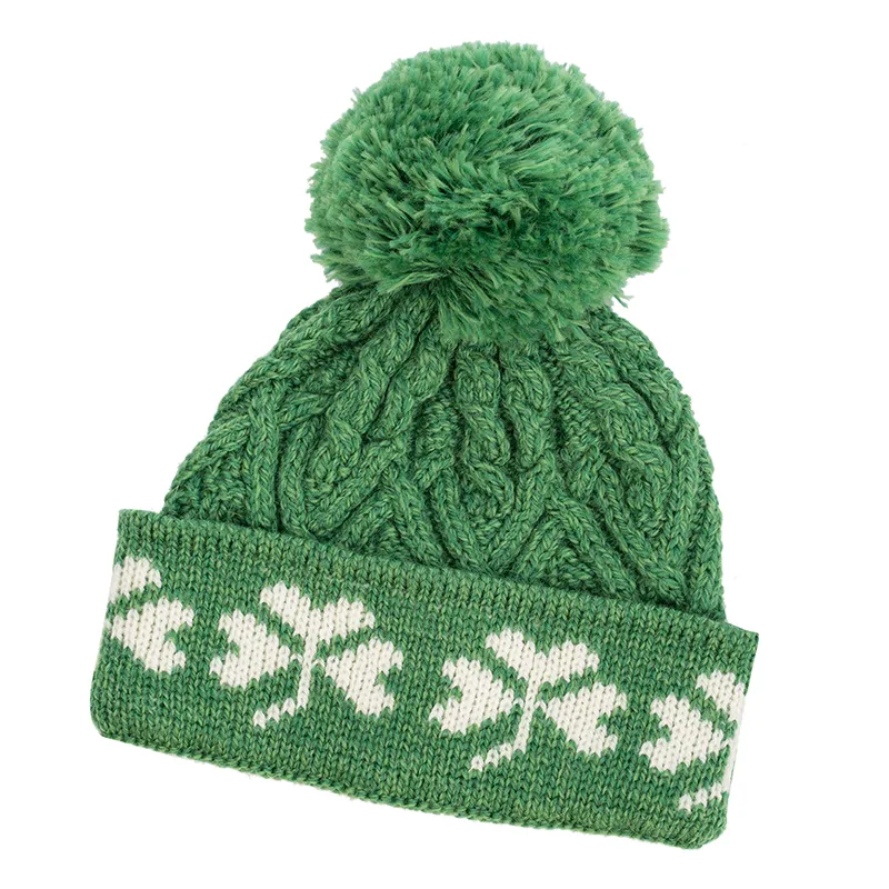 B10332 GREEN Colour Shamrock Knit Aran Bobble Hat Studio Gaelsong