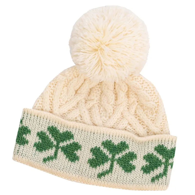 B10332 WHITE Colour Shamrock Knit Aran Bobble Hat Studio Gaelsong