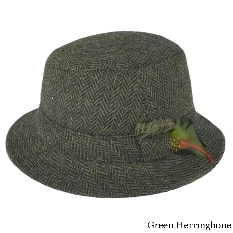 B10333 GREEN HERRINGBONE Colour Handcrafted Harris Tweed Irish Walking Hat  Gaelsong