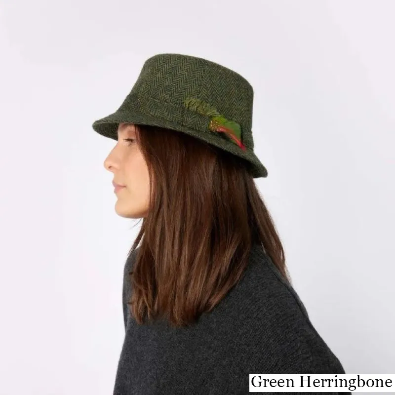 B10333 GREEN HERRINGBONE Colour Handcrafted Harris Tweed Irish Walking Hat Lifestyle Gaelsong