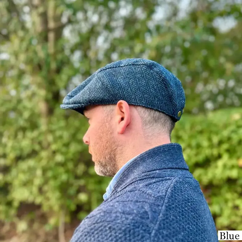 B10336 BLUE Colour Handmade Harris Tweed Herringbone Flat Cap Lifestyle Gaelsong